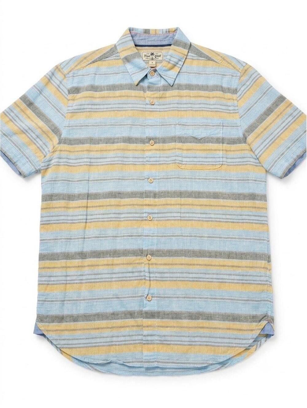 True Grit Short Sleeve Button-Down Shirt in Light Blue, Yellow, Gray Stripes